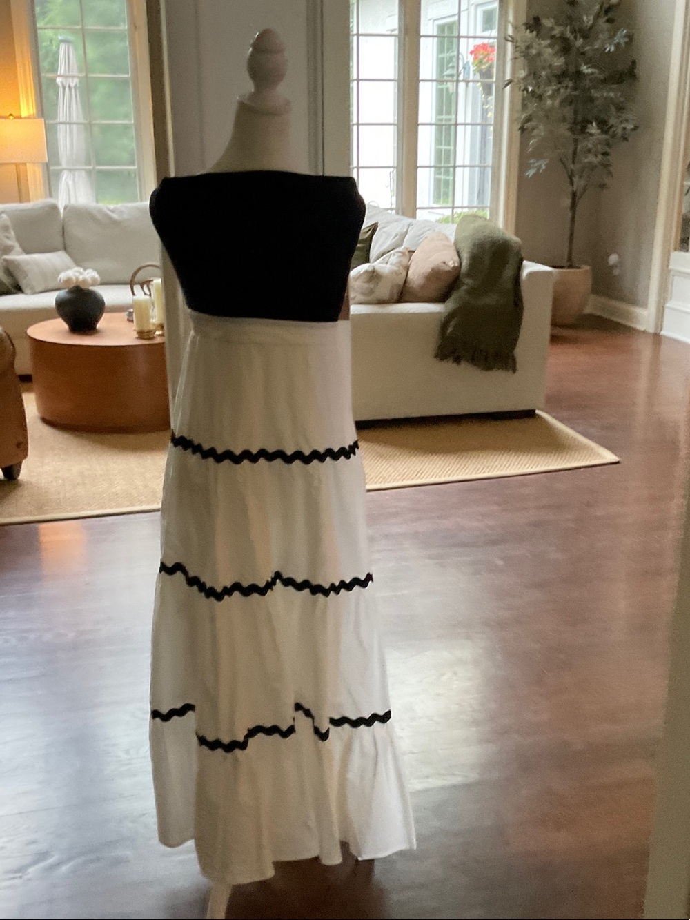 Strapless White Maxi Dress with Black Trim